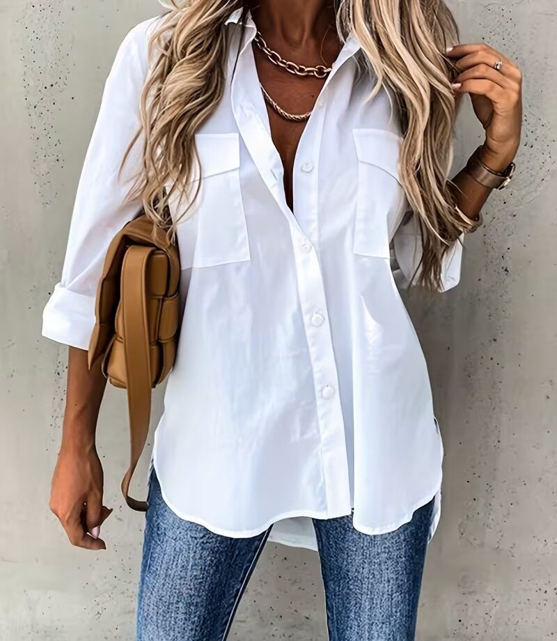 Chemise blanche femme décontractée à manches longues et poches