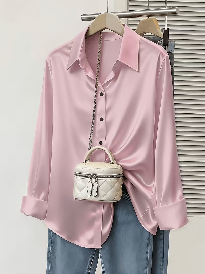 Chemise satin femme rose à manches longues
