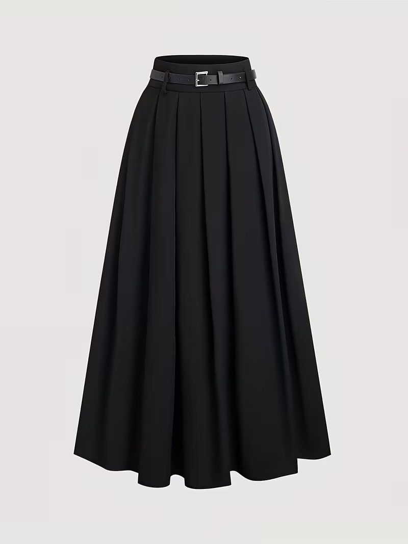 Jupe Longue Noire Femme Taille Haute avec Ceinture