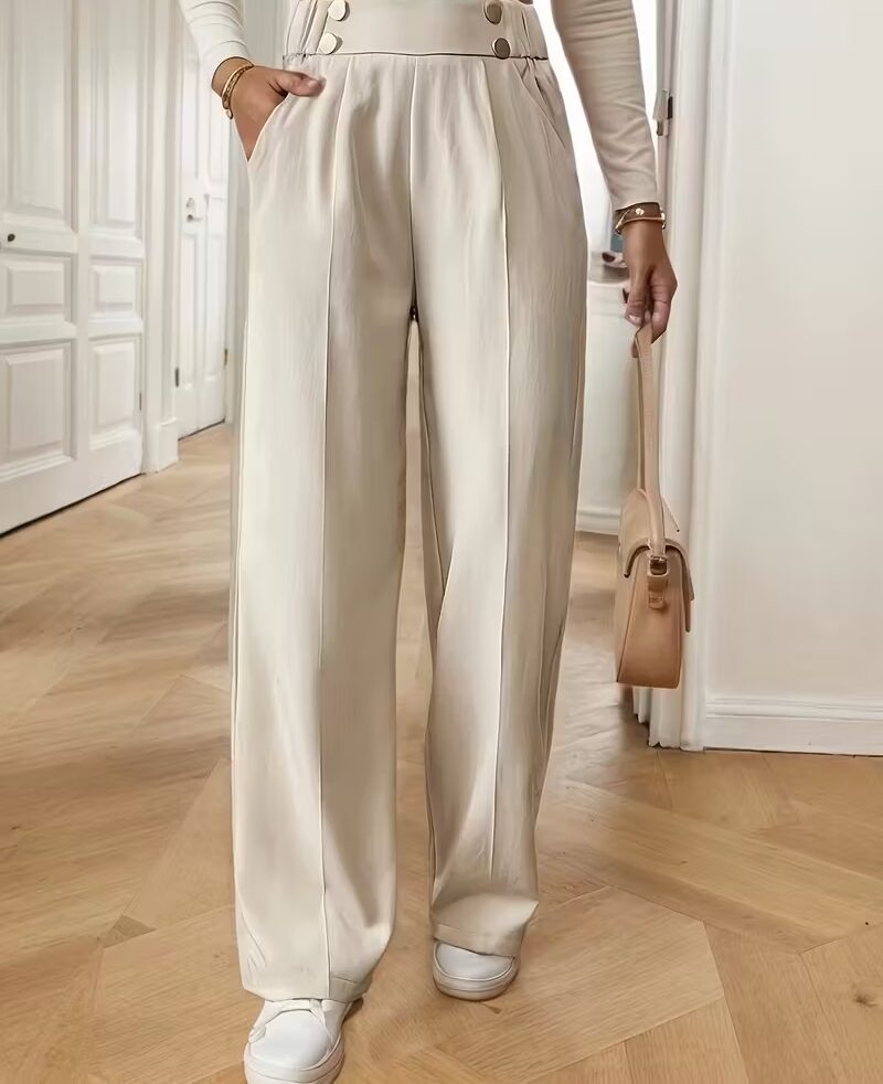 Pantalon femme taille haute coupe large avec boutons