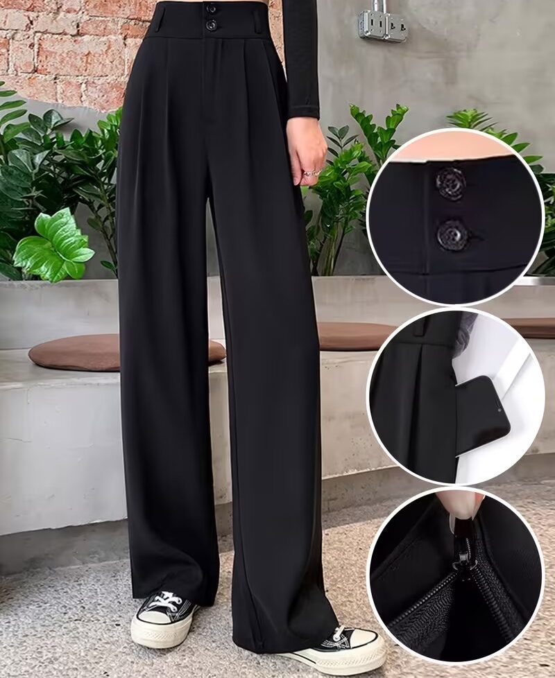 Pantalon noir large femme taille haute avec poches
